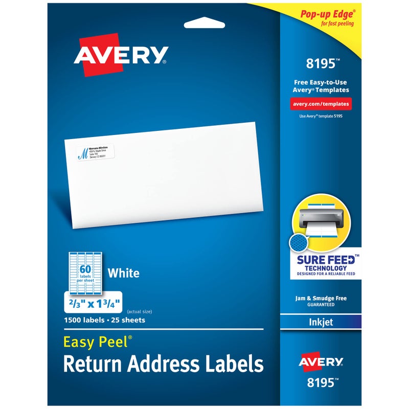 Avery Return Address Labels, Inkjet Printers, 1,500 Labels, 2/3 x 1-3/4, Permanent Adhesive, 5 Packs (8195) - Image 1